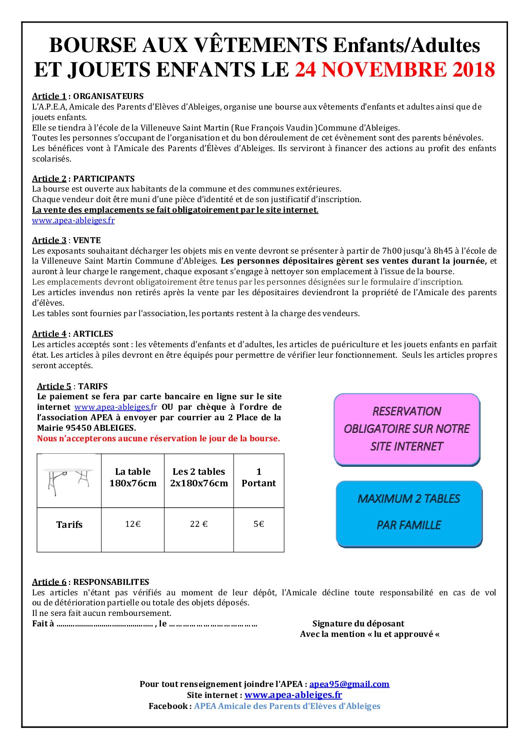 L&rsquo;APEA organise une bourse aux vêtements enfants / adultes et aux jouets, le 24 novembre 2018